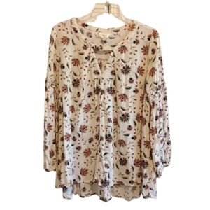 Z Love Boho Floral Blouse Size Small Balloon Sleeve Rayon Tunic Top High Low Hem